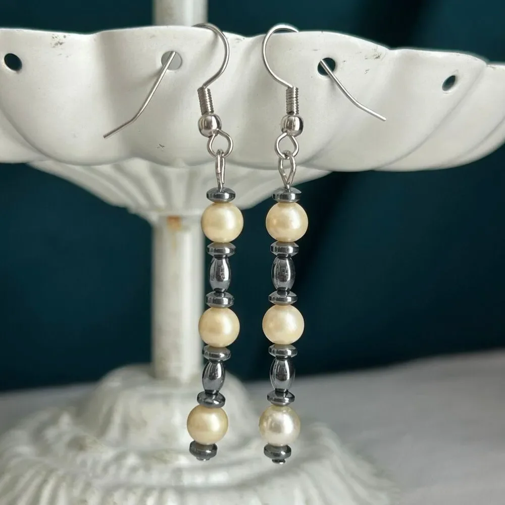 Handmade Hematite and Pearl Dangle Earrings
